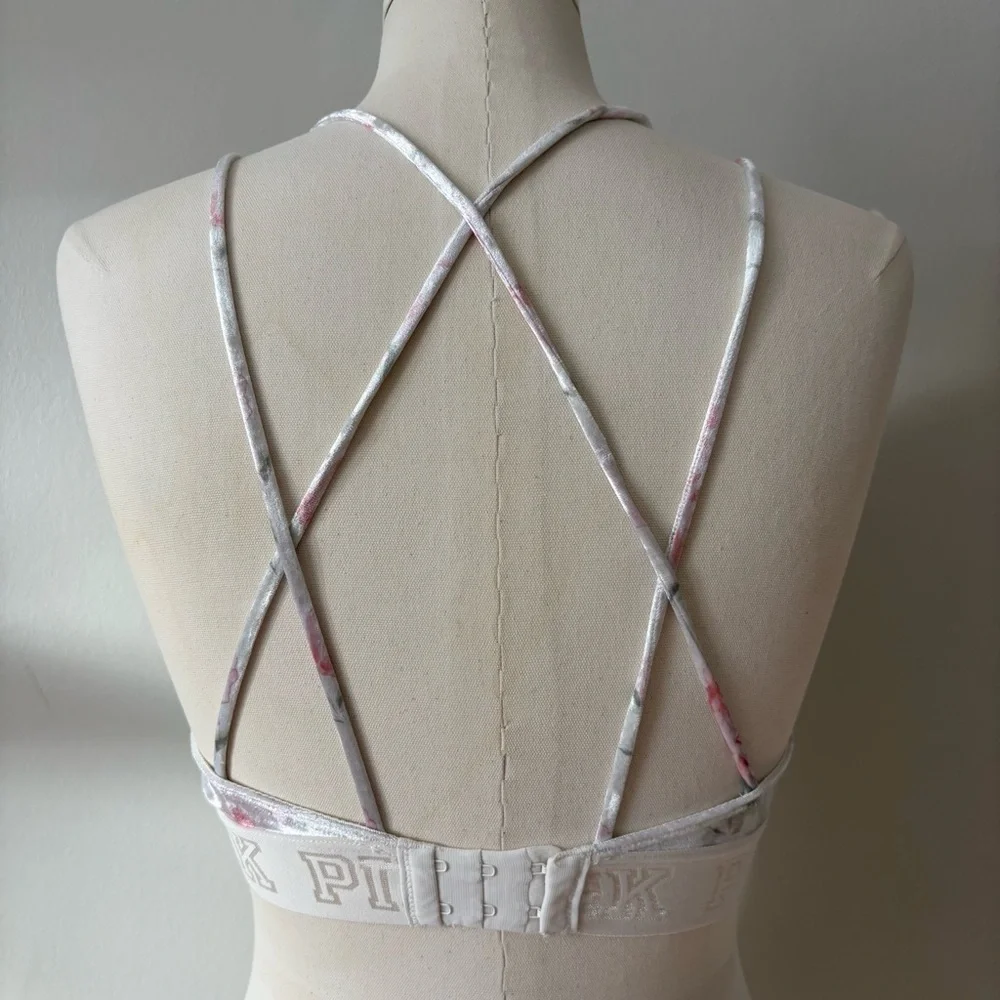 PINK by Victoria’s Secret Velour Floral Racerback Bra XS White Pink - Picture 5 of 10
